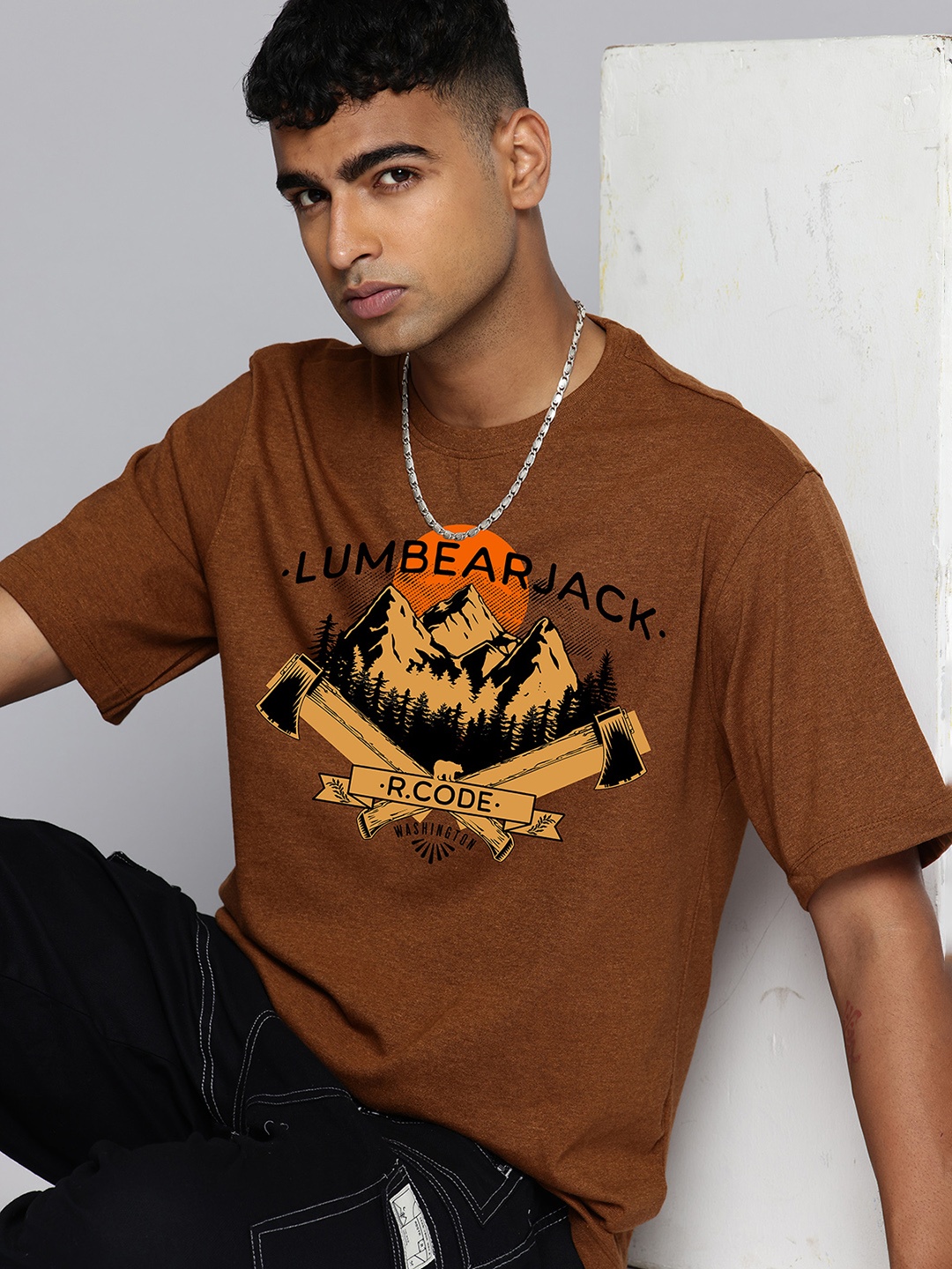 

R.Code by The Roadster Life Co. Men Printed Extended Sleeves T-shirt, Mustard