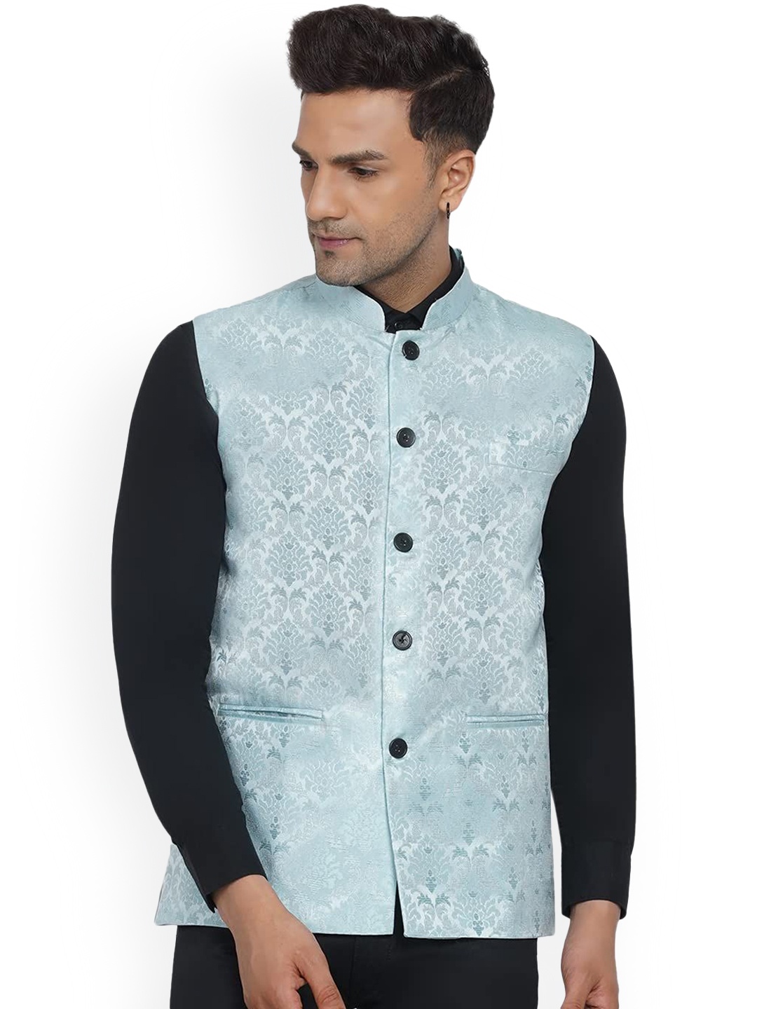 

VEERA PARIDHAAN Jacquard Printed Mandarin Collar Nehru Jacket, Blue