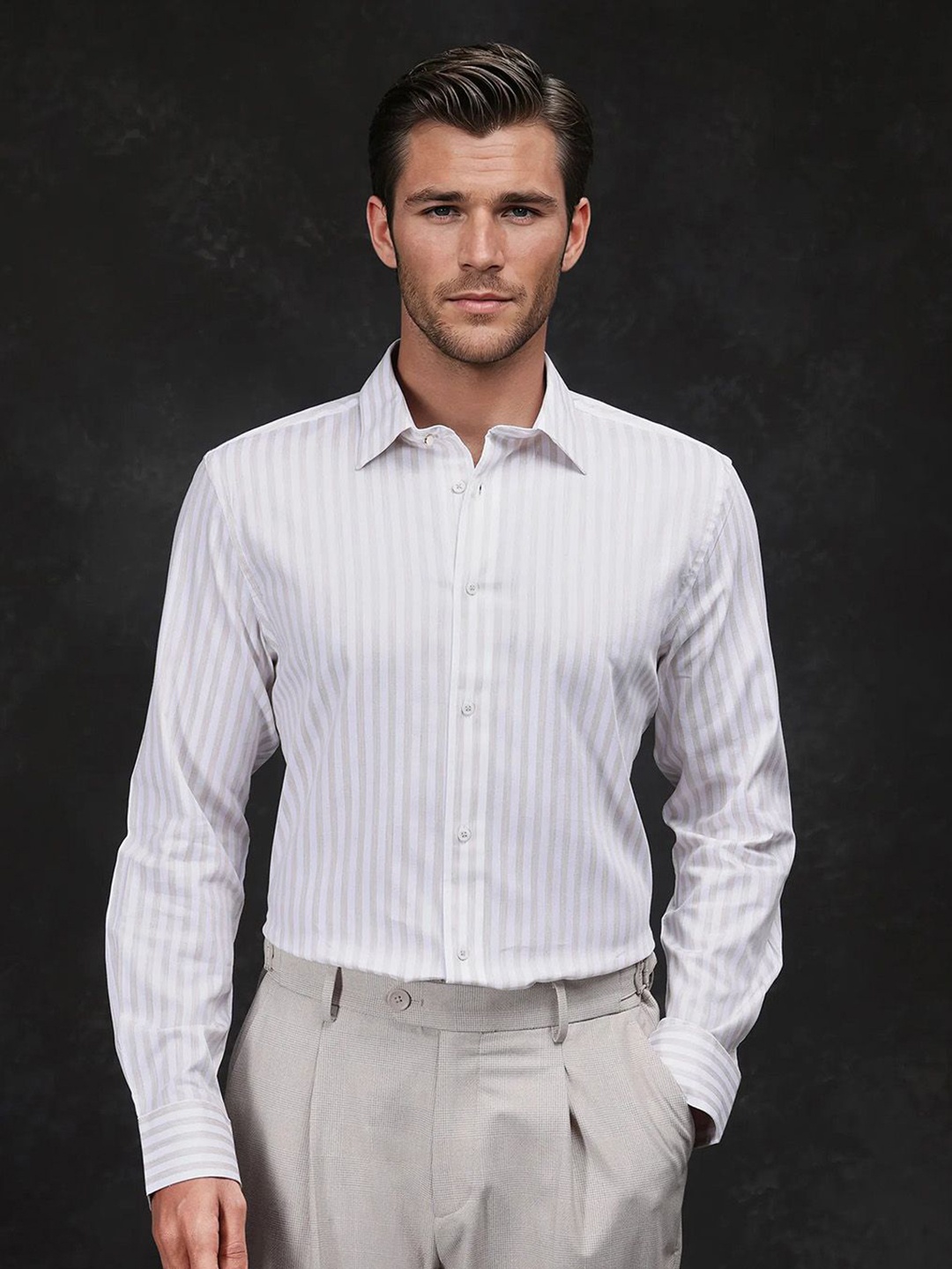 

RARE RABBIT Men Comfort Striped Shirt, Beige