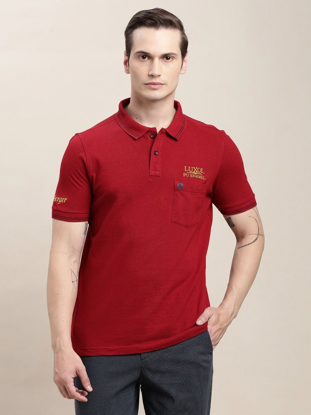 

Turtle Men Polo Collar Pockets Slim Fit T-shirt, Red