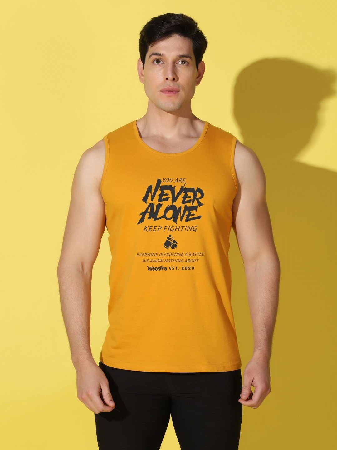 

WOOSTRO Men Typography Printed Applique Slim Fit T-shirt, Mustard