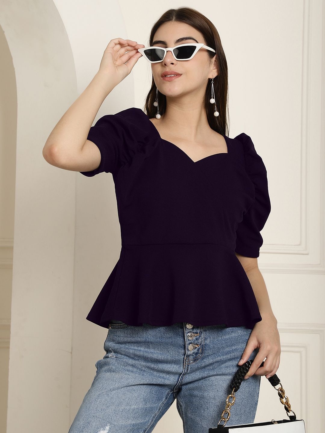 

Metronaut Sweetheart Neck Puff Sleeve Peplum Top, Multi