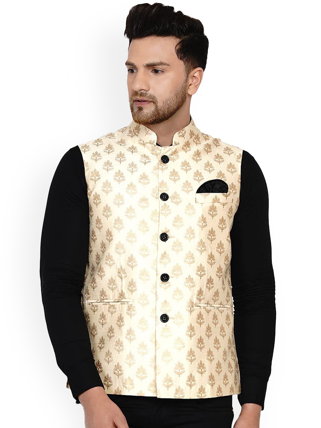 

VEERA PARIDHAAN Printed Banarasi Design Mandarin Collar Nehru Jacket, Beige