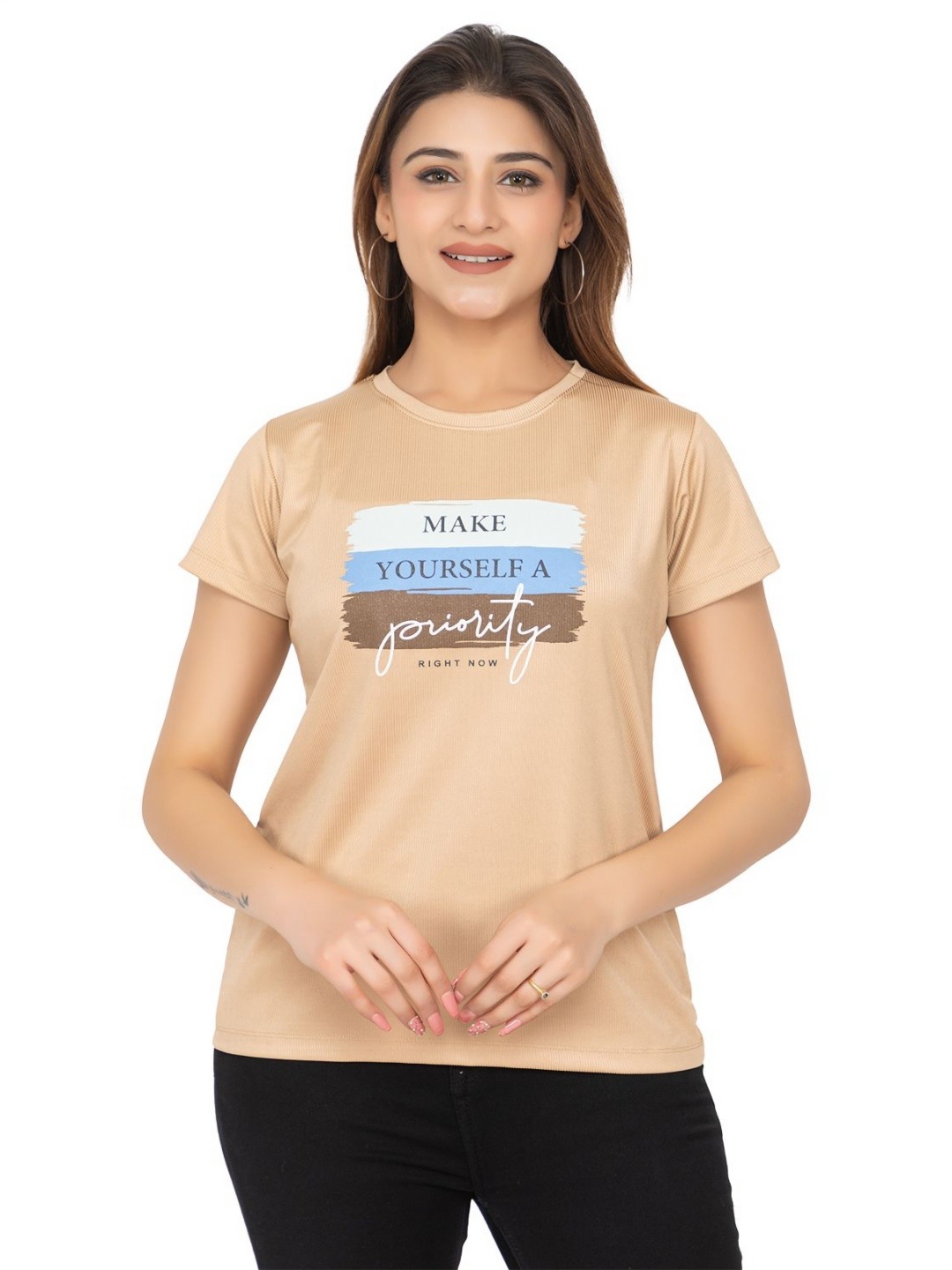 

Lady Leaf Women Typography Printed T-shirt, Camel brown