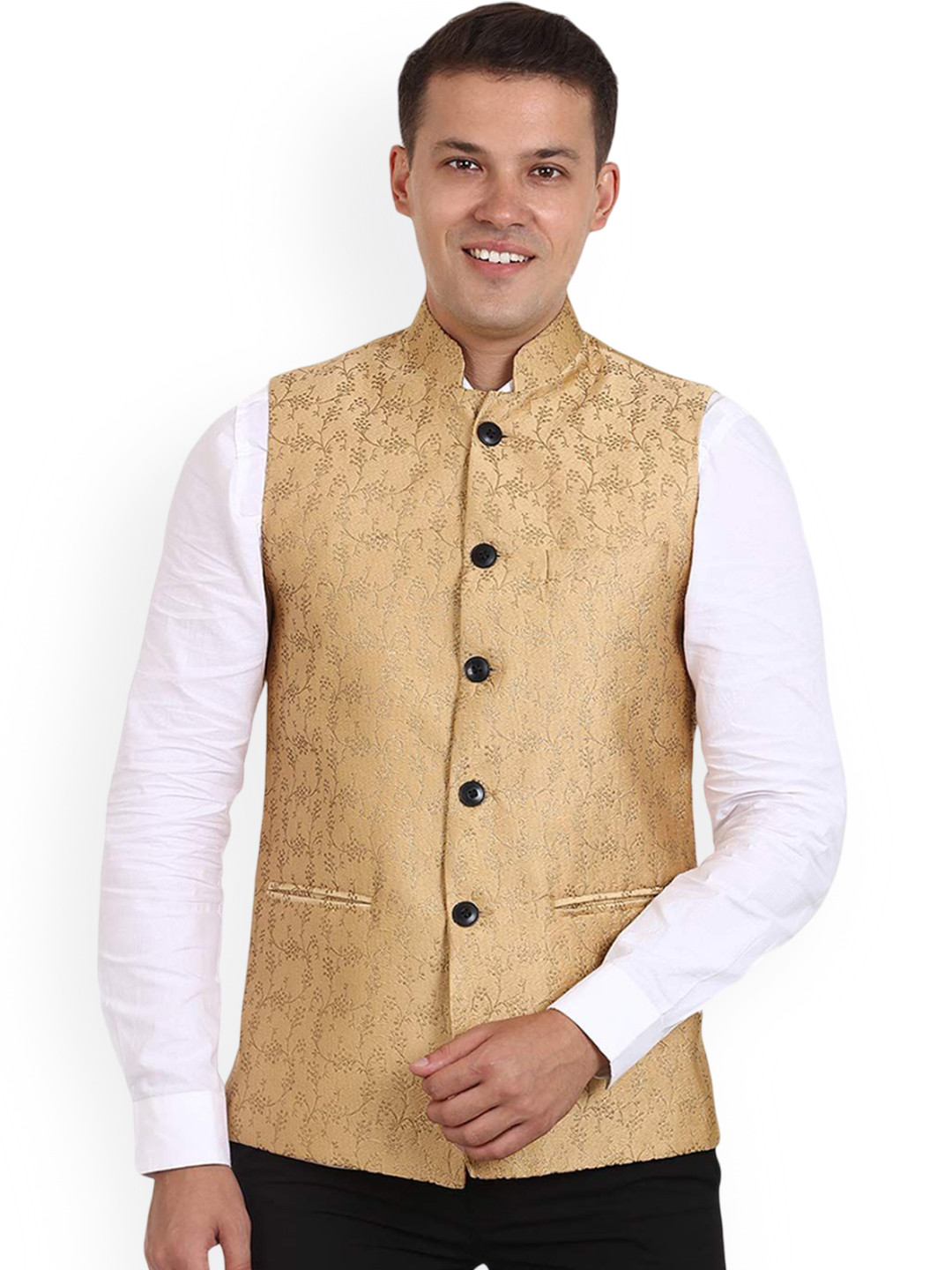 

VEERA PARIDHAAN Printed Chinese Collar Nehru Jacket, Gold