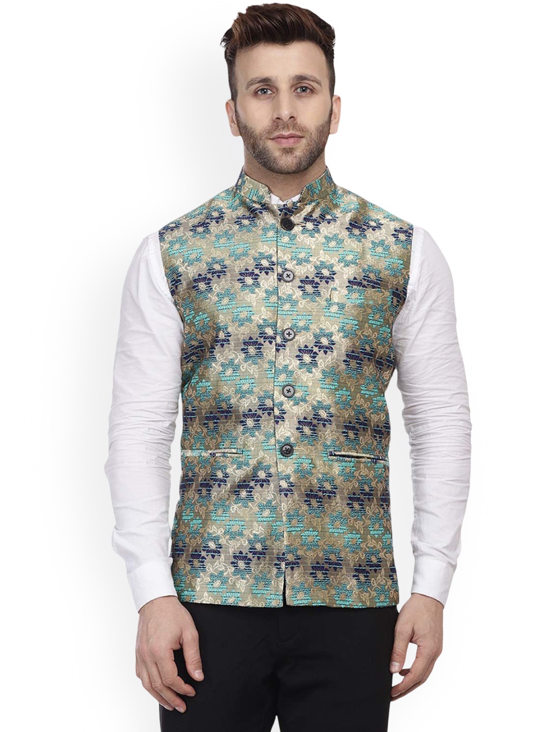 

VEERA PARIDHAAN Printed Banarasi Design Mandarin Collar Nehru Jackets, Green