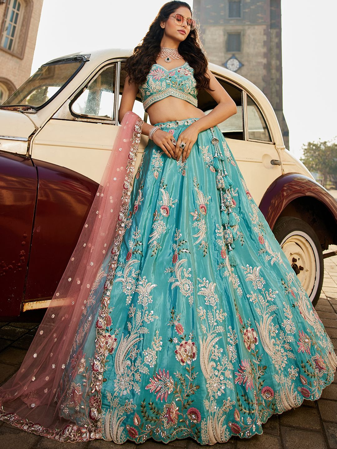 

panchhi Embroidered Beads and Stones Semi-Stitched Lehenga & Unstitched Blouse With Dupatta, Turquoise blue