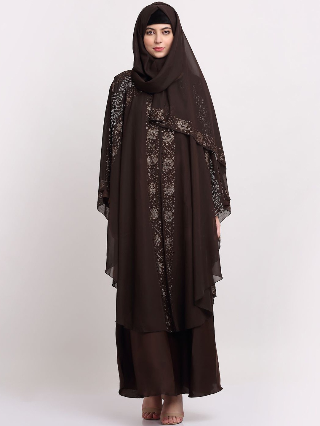 

Arrabi Embellished Detail Round Neck Indian Ethnic Burqa With Scarf, Brown