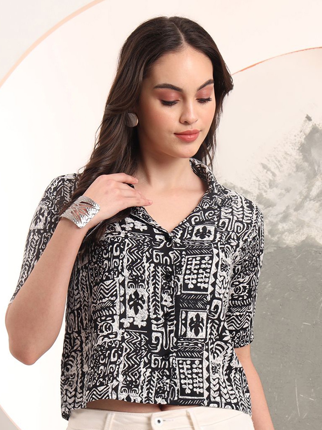 

Taswak Print Ethnic Shirt Style Top, Black