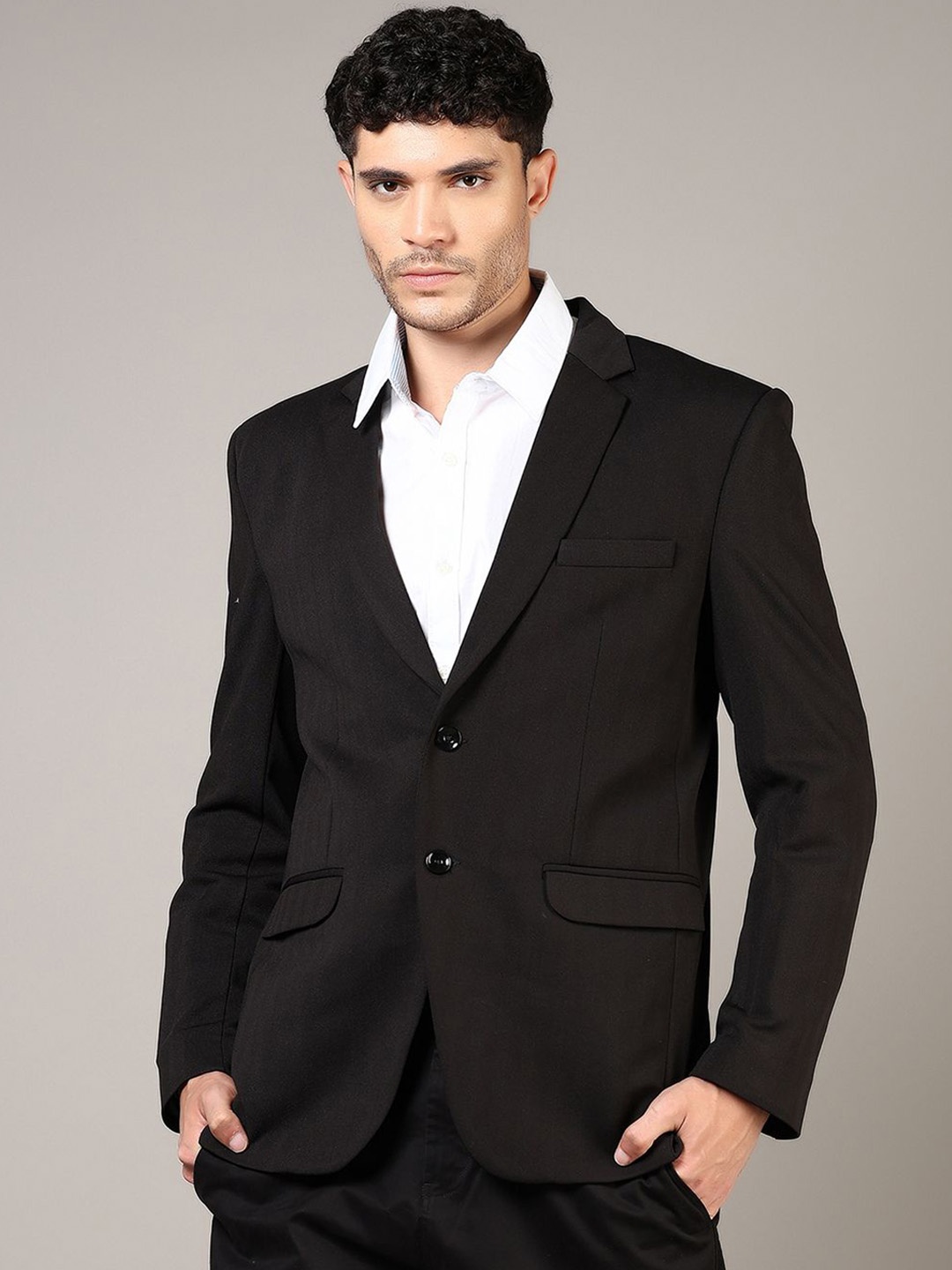 

V-Mart Notched Lapel Single-Breasted Casual Blazer, Black