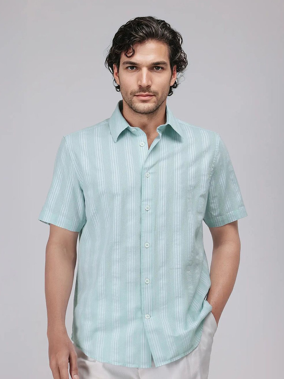 

RARE RABBIT Men Comfort Opaque Striped Casual Shirt, Green