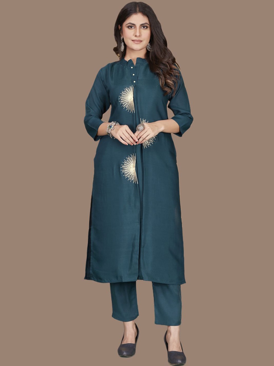 

MINGORA Embroidery Siquenced Butta Work Top With Trouser Co-Ords, Blue
