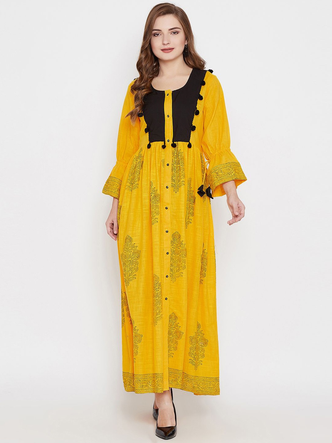 

Dillen Women Ethnic Motifs Printed Bell Sleeves Block Print Kurta, Yellow