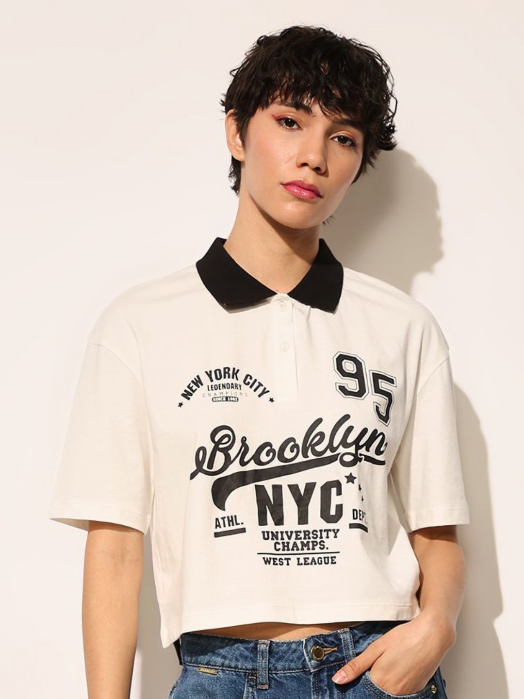 

ONLY Women Typography Printed Polo Collar T-shirt, White
