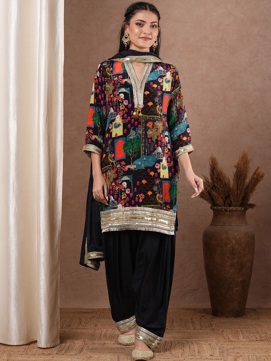 

FASHOR Women Ethnic Motifs Printed Regular Kurta with Salwar & With Dupatta, Black