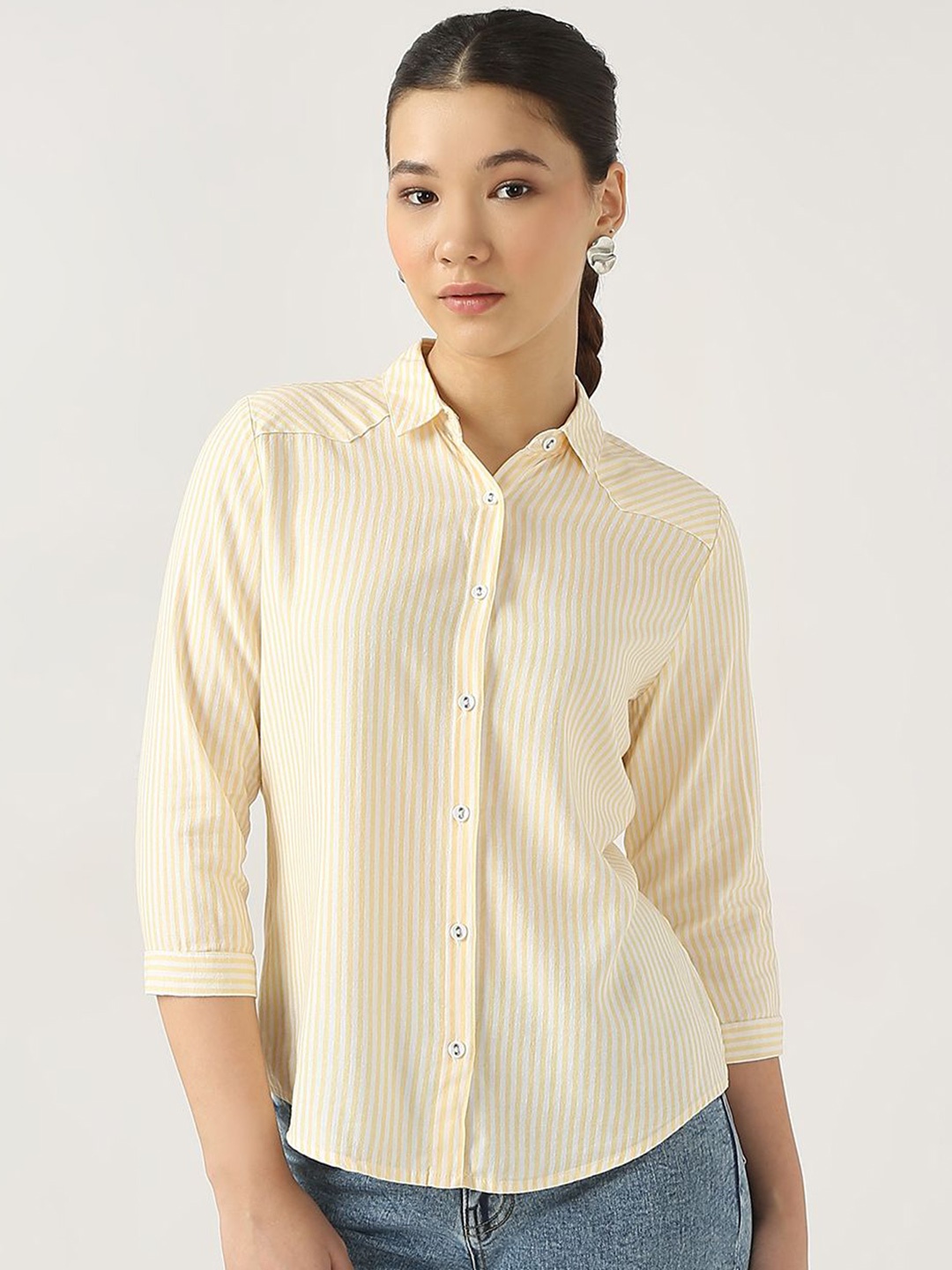 

Kraus Jeans Women Slim Fit Opaque Striped Casual Shirt, Yellow