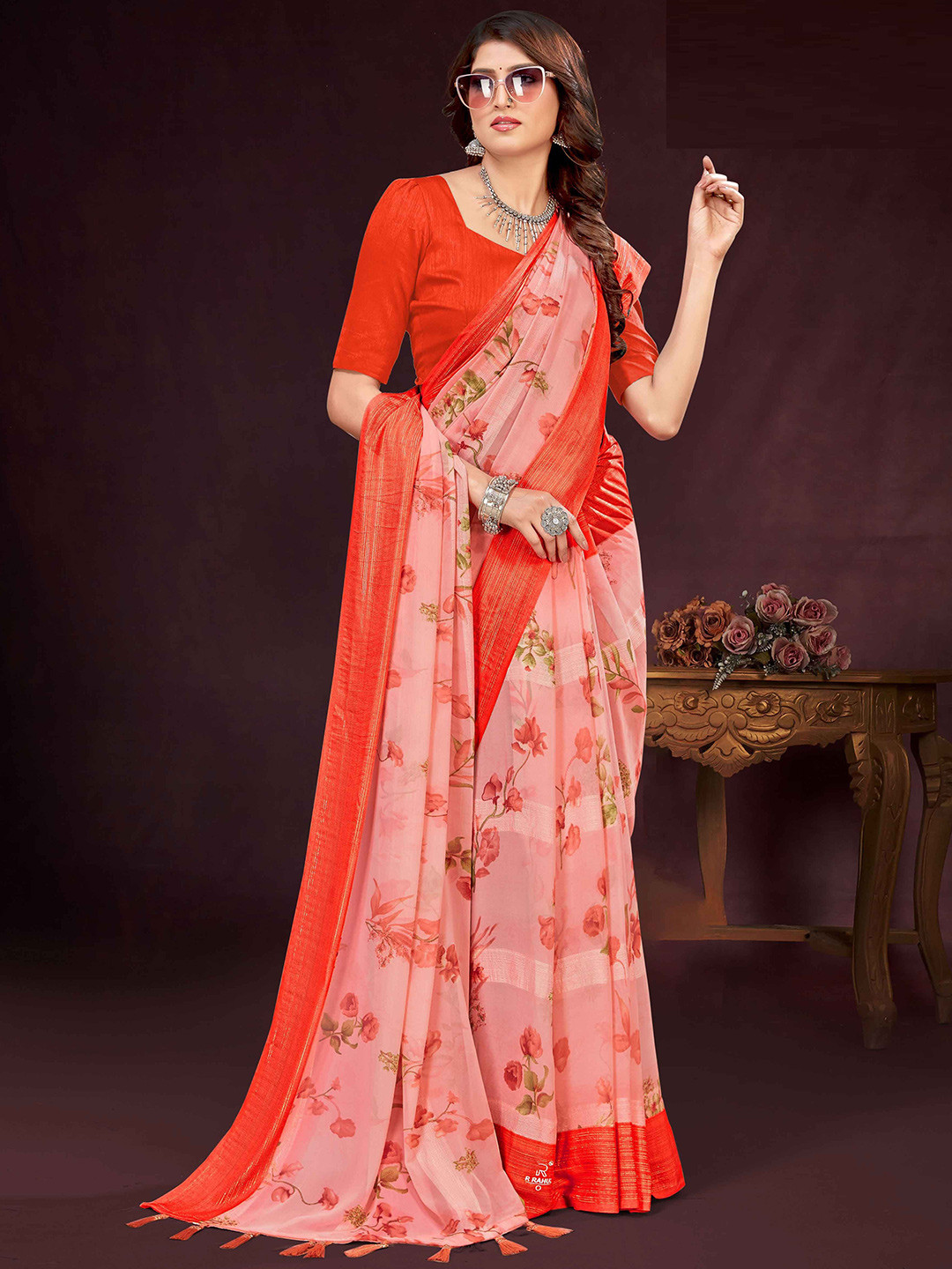 

MAHALASA Pure Georgette Saree, Orange
