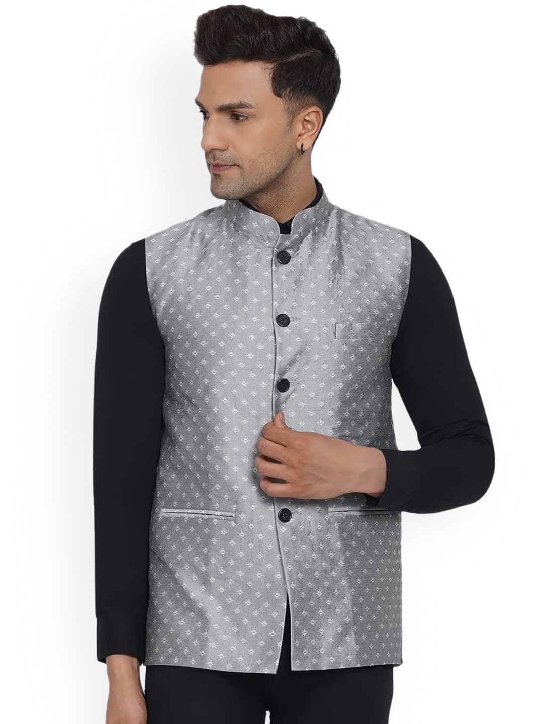 

VEERA PARIDHAAN Printed Jacquard Design Mandarin Collar Nehru Jacket, Silver