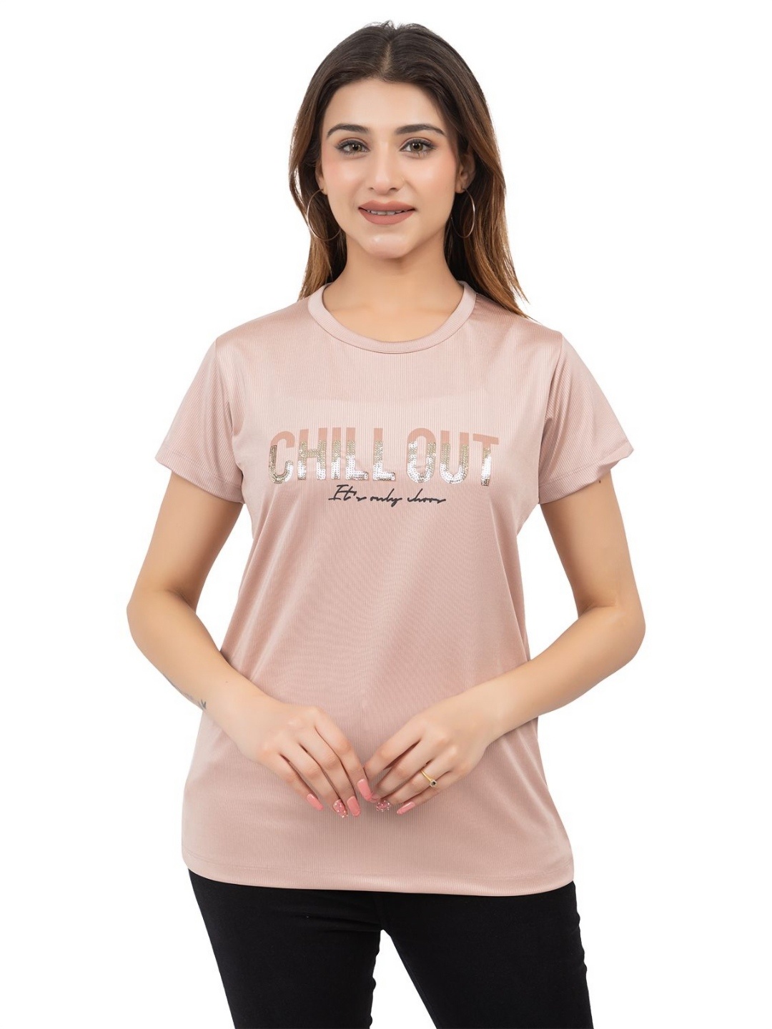 

Lady Leaf Women Printed Raw Edge T-shirt, Pink