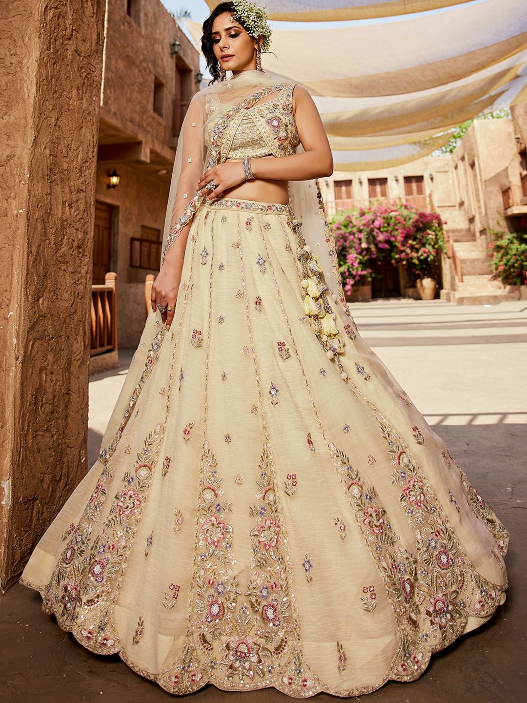 

panchhi Embroidered Beads and Stones Semi-Stitched Lehenga & Unstitched Blouse With Dupatta, Cream