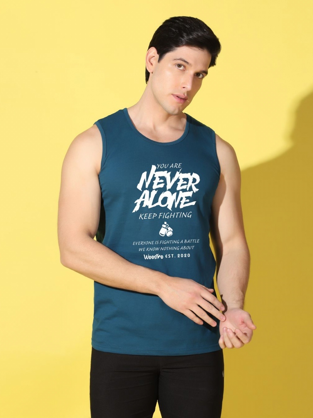 

WOOSTRO Men Typography Printed Applique Slim Fit T-shirt, Teal