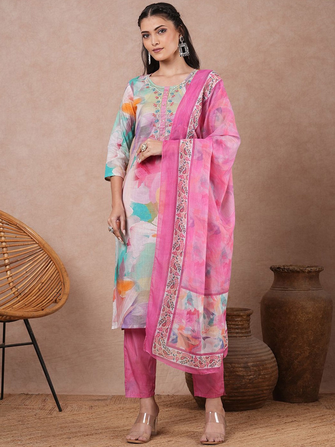 

FASHOR Women Ethnic Motifs Printed Regular Mirror Work Pure Cotton Kurta with Trousers & With Dupatta, Pink
