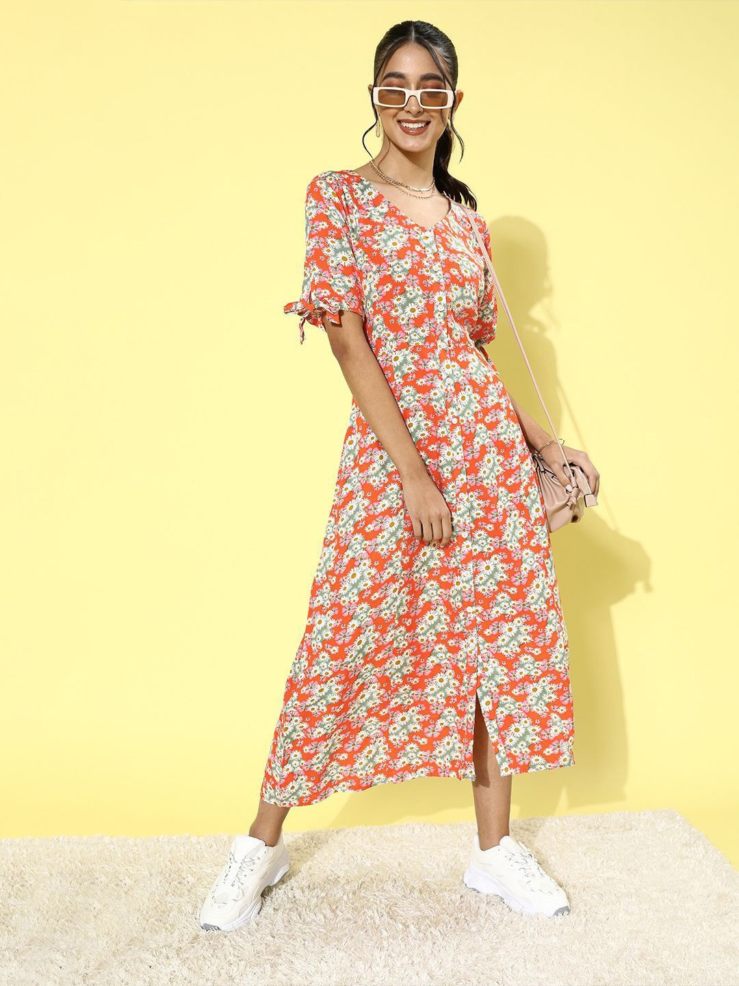 

DressBerry Floral Print Crepe A-Line Midi Dress, Orange