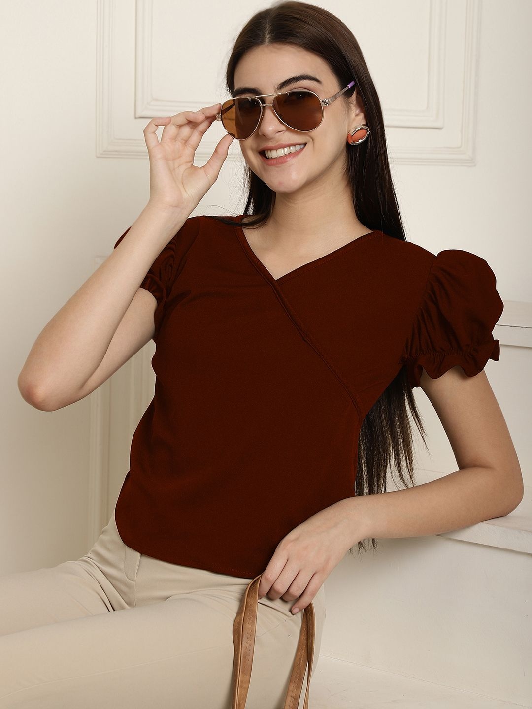 

Metronaut Puff Sleeve Wrap Top, Maroon