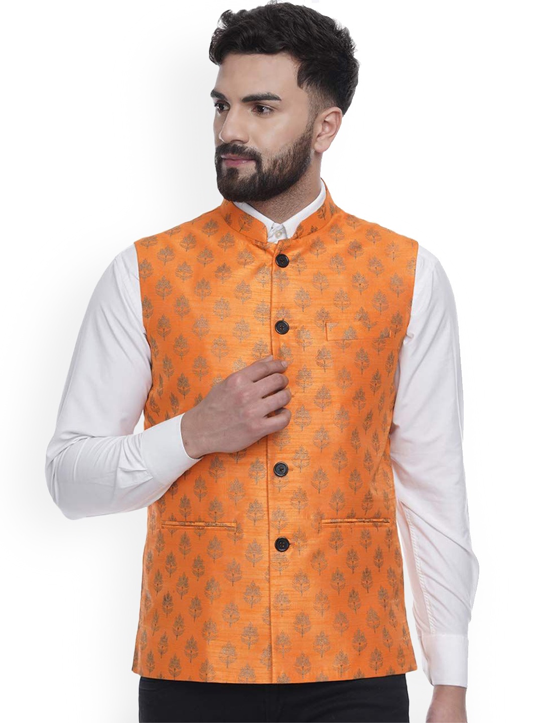 

VEERA PARIDHAAN Banarasi Printed Mandarin Collar Nehru Jacket, Orange