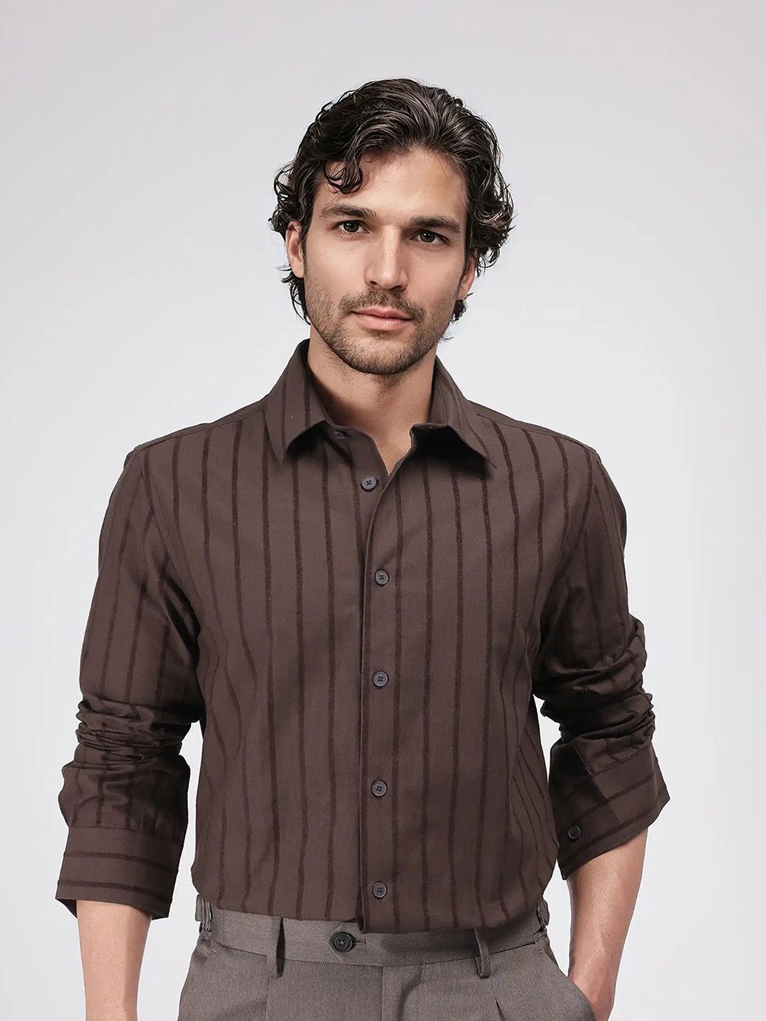 

RARE RABBIT Men Comfort Opaque Striped Casual Shirt, Brown