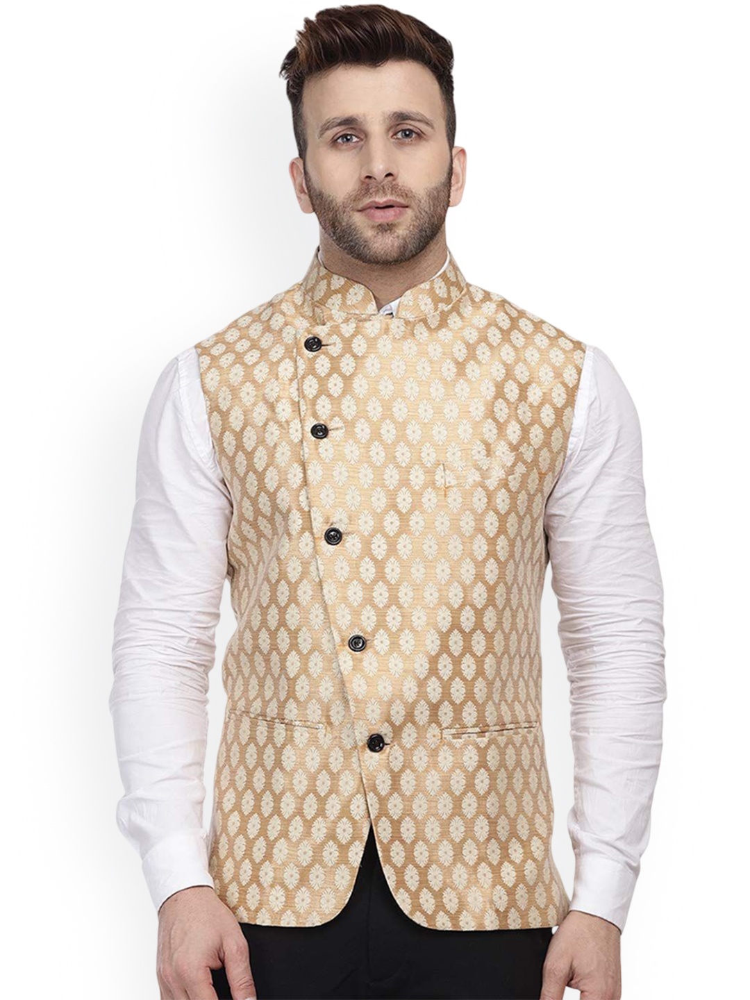 

VEERA PARIDHAAN Printed Banarasi Design Chinese Collar Nehru Jackets, Gold