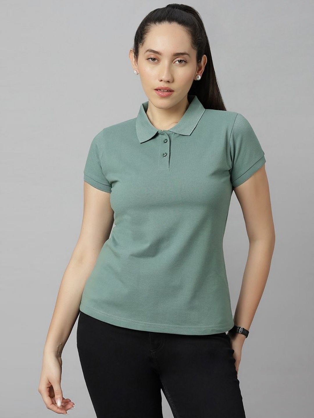

Wear Your Opinion Women Solid Polo Collar Casual T-shirt, Green