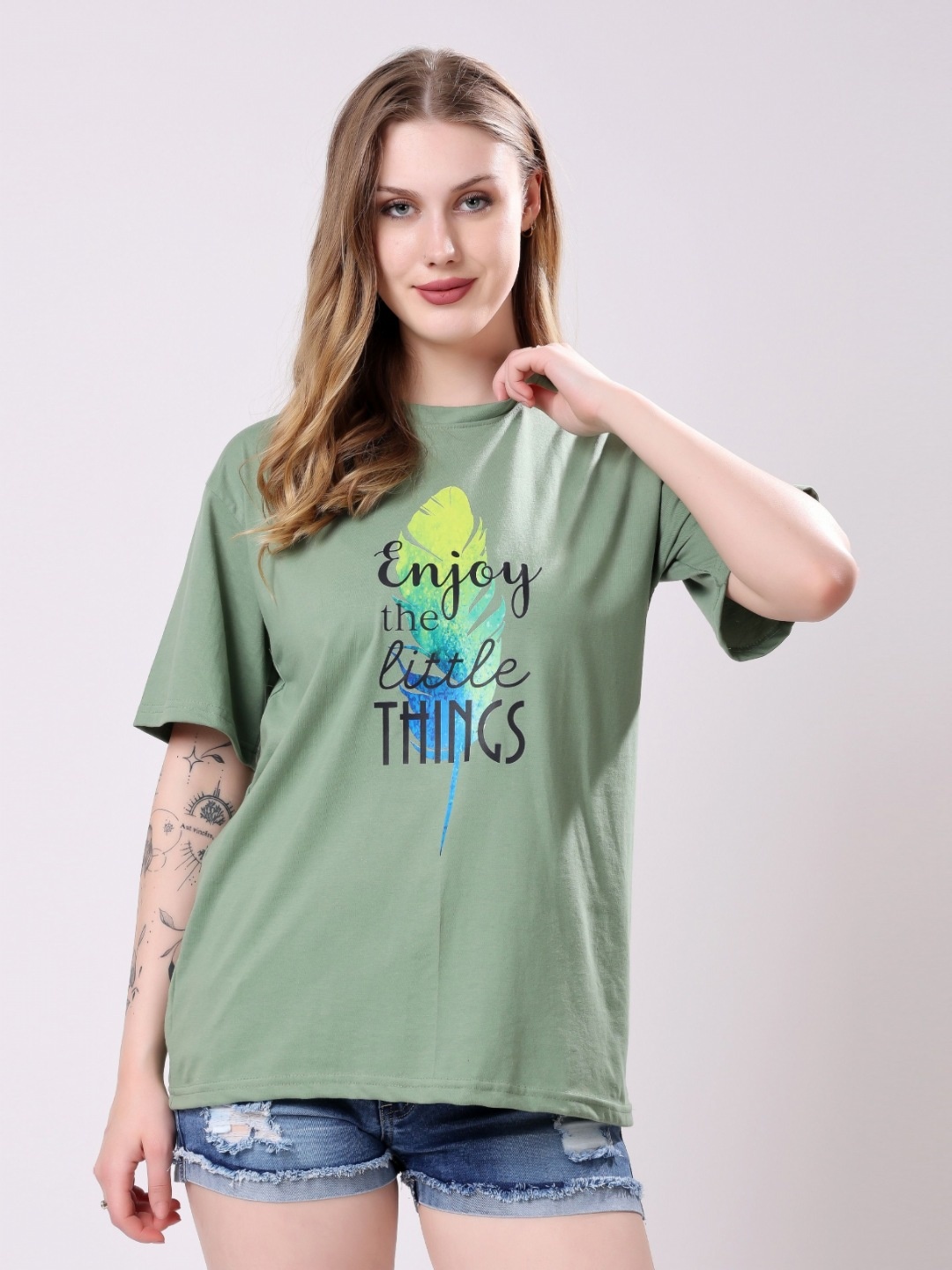 

London Hills Women Printed Drop-Shoulder Sleeves T-shirt, Green