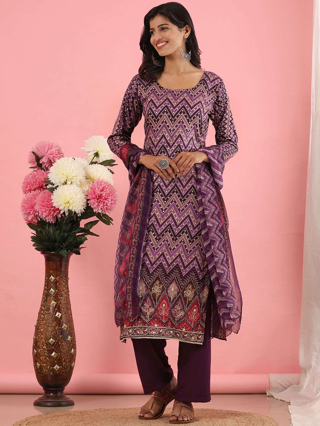 

Mamicha Women Printed Regular Pure Cotton Kurta with Palazzos & With Dupatta, Purple