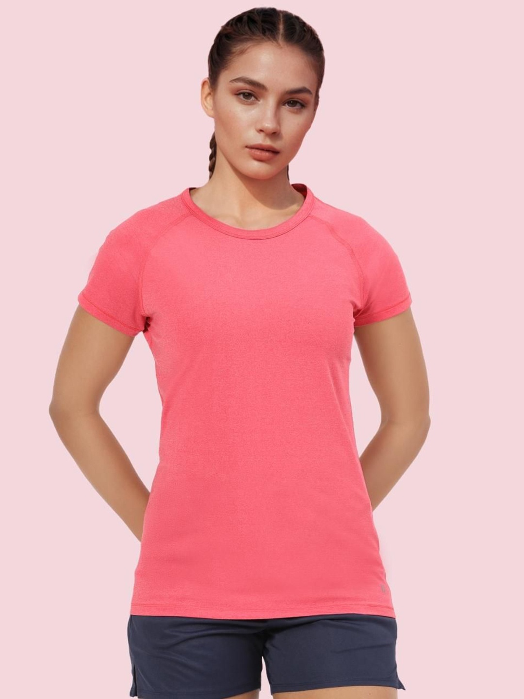 

Enamor Women Dri-FIT Pockets Slim Fit T-shirt, Pink