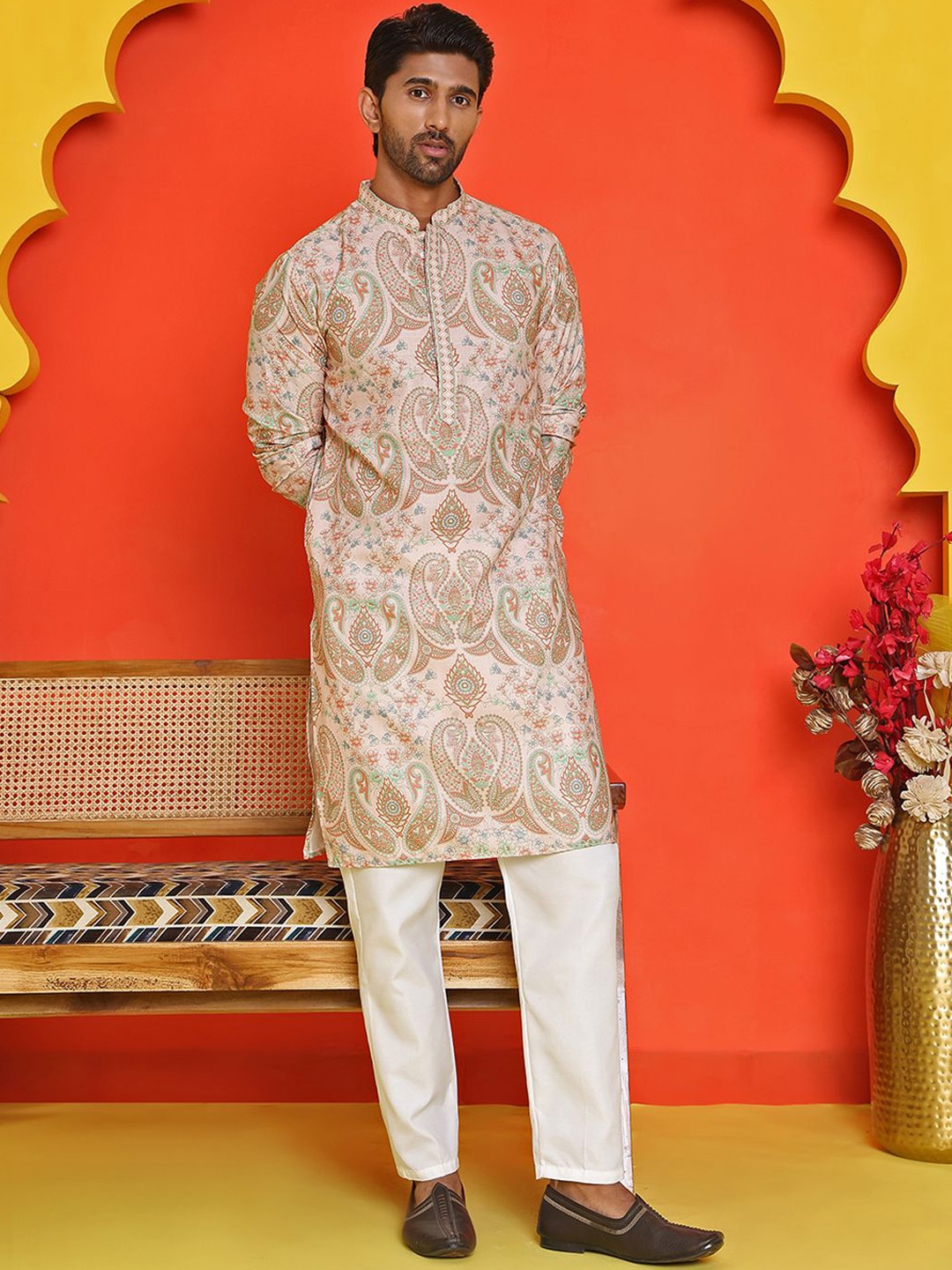 

Anouk Men Paisley Printed Regular Kurta with Pyjamas, Beige