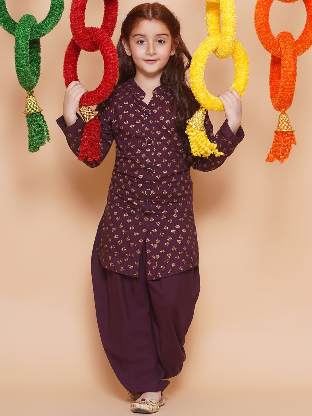 

Kidotsav Girls Floral Printed Regular Kurta with Dhoti Pants, Burgundy