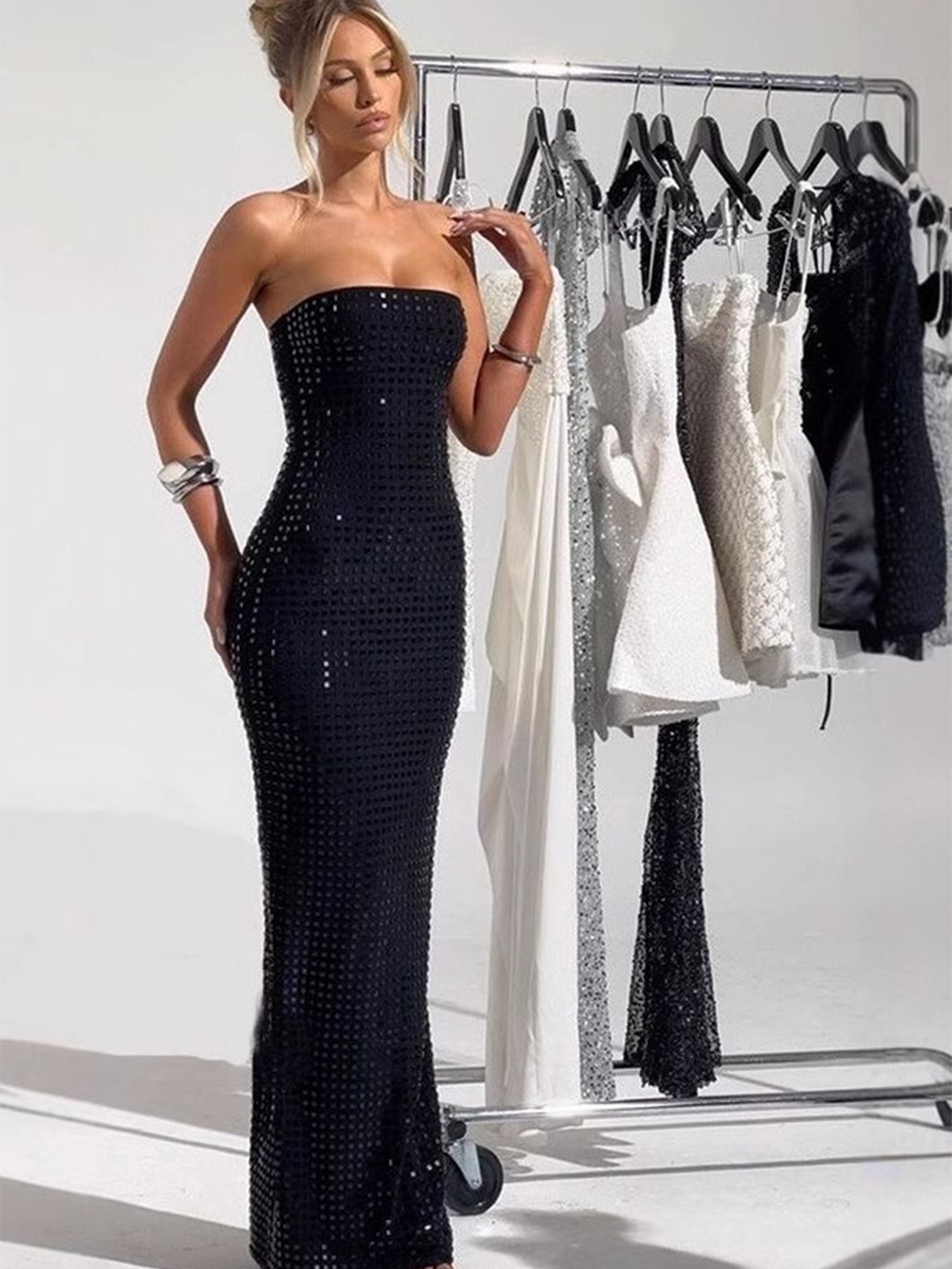 

LULU & SKY Embellished Off-Shoulder Maxi Dress, Black
