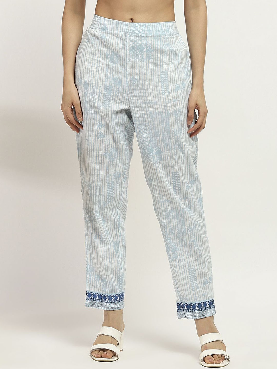 

Rangriti Women Striped Comfort Low-Rise Trousers, Blue