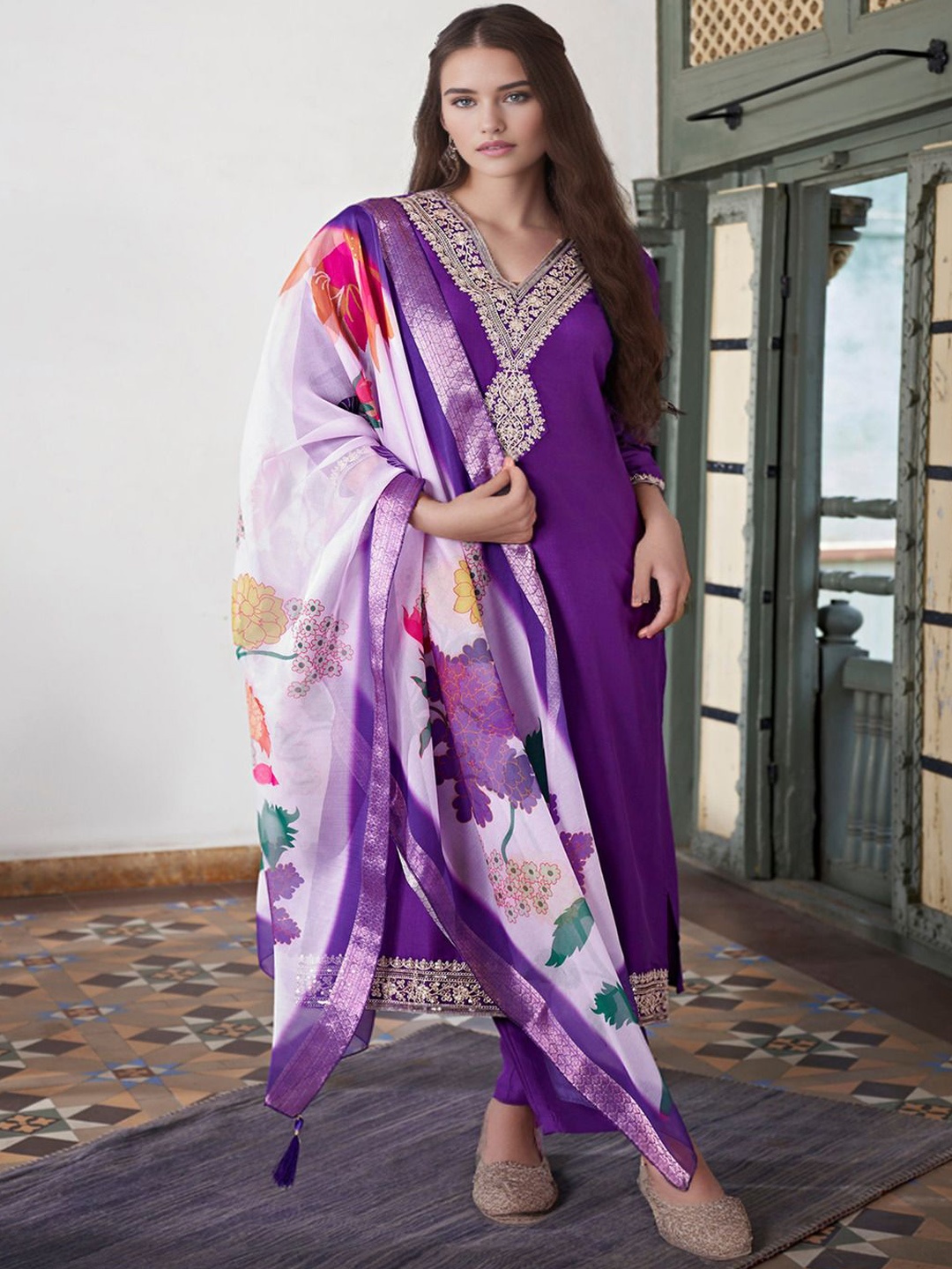 

Moda Rapido Women Floral Yoke Design Regular Sequinned Kurta with Trousers & With Dupatta, Purple