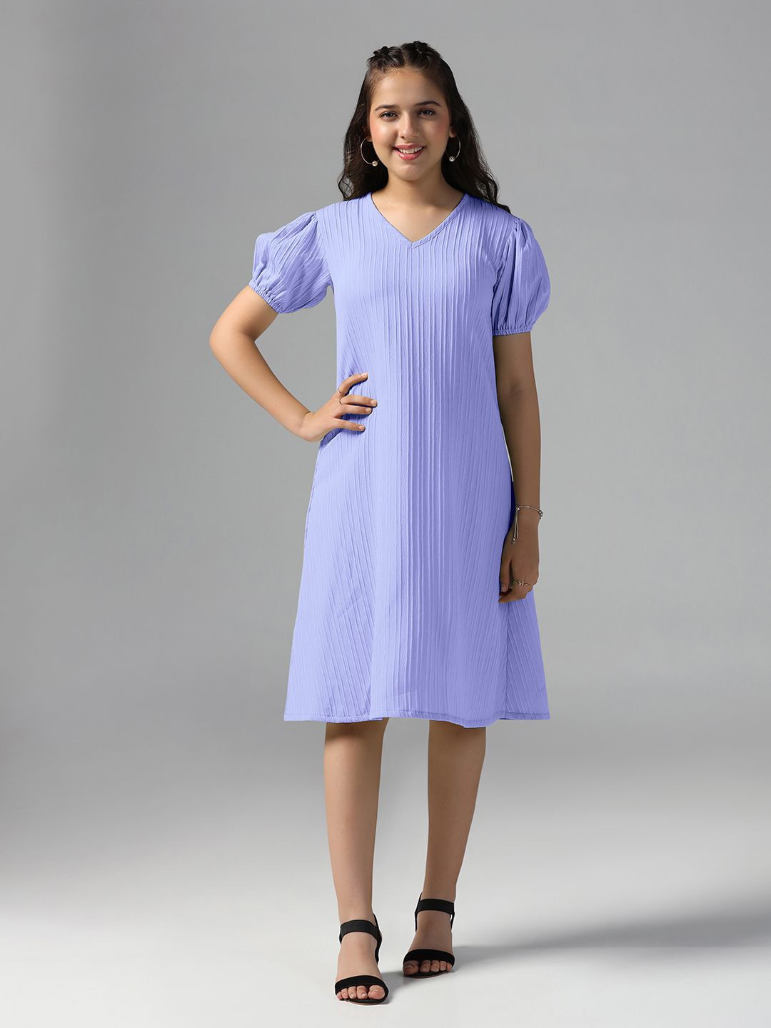 

YK Puff Sleeve A-Line Dress, Lavender