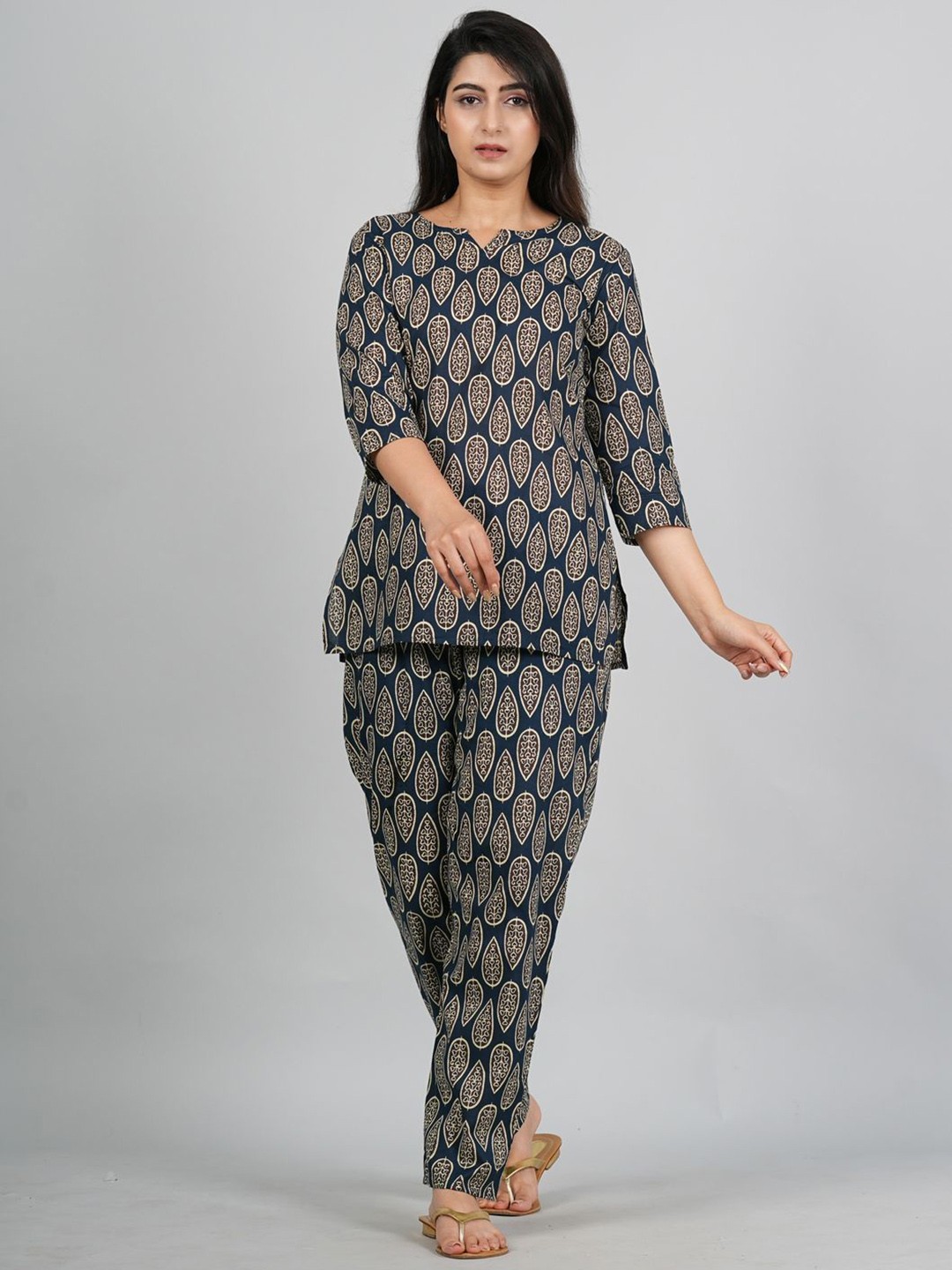 

Serenita Printed Pure Cotton Top With Trouser Co-Ords, Navy blue