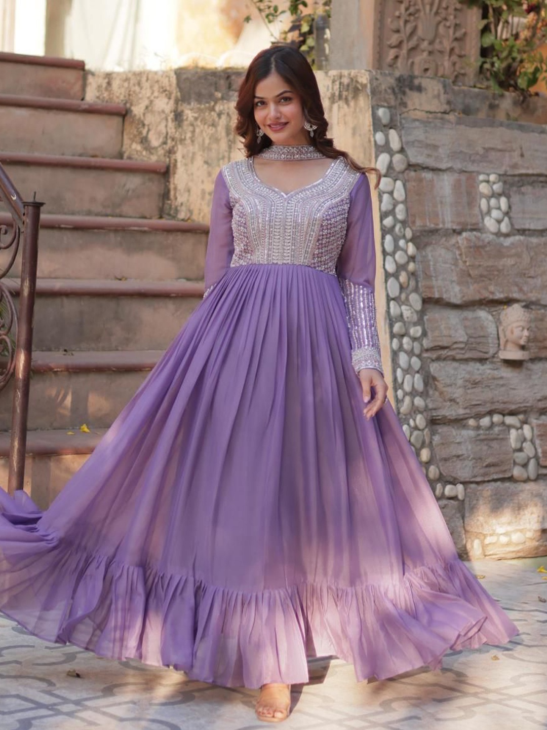 

Tilton Georgette Beads Sequins Embroidered Flared Gown With Heavy Dupatta, Lavender