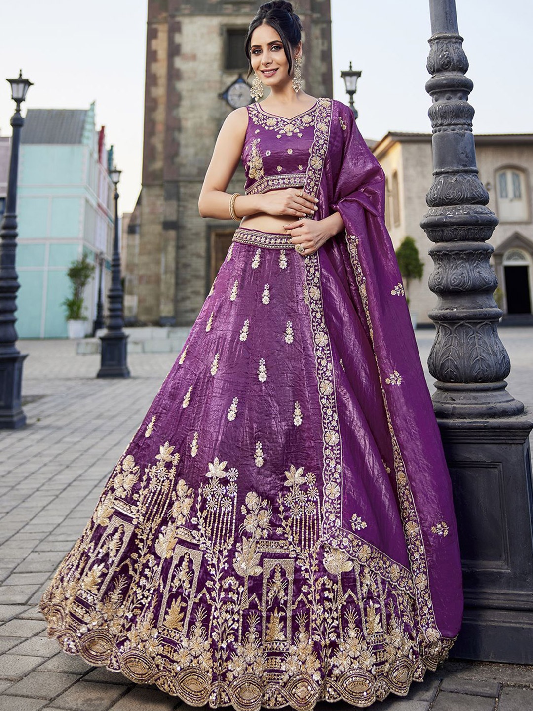 

panchhi Embroidered Beads and Stones Semi-Stitched Lehenga & Unstitched Blouse With Dupatta, Burgundy
