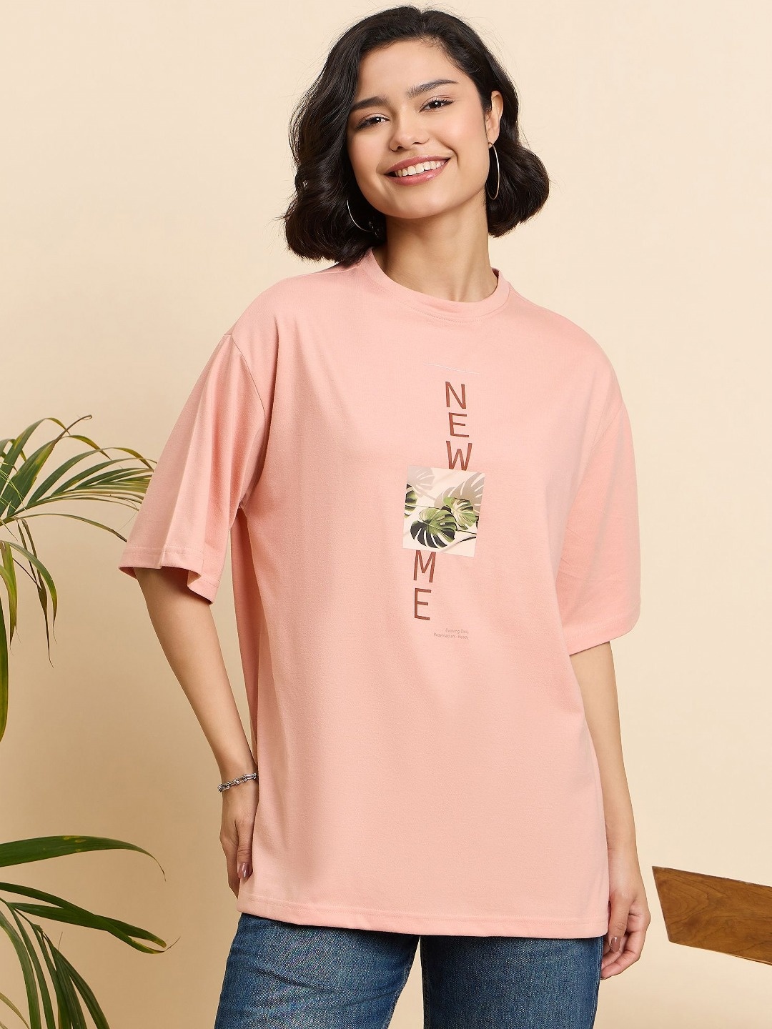 

Mast & Harbour Women Printed Drop-Shoulder Sleeves T-shirt, Peach