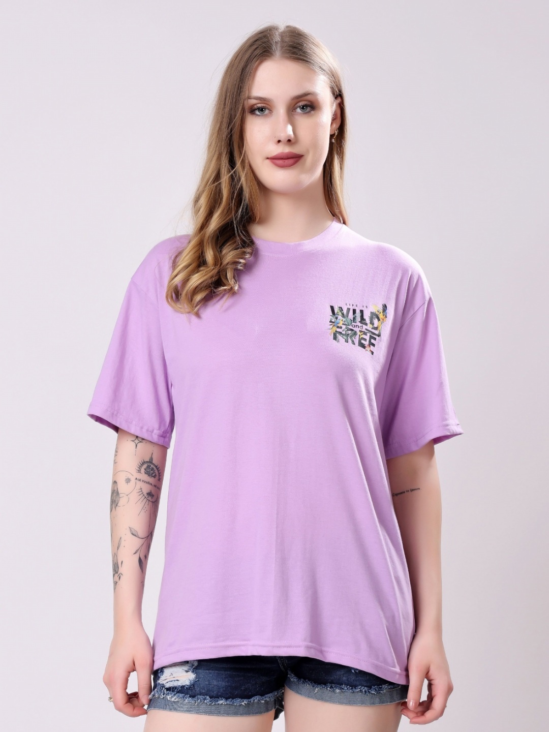 

London Hills Women Printed Drop-Shoulder Sleeves T-shirt, Lavender