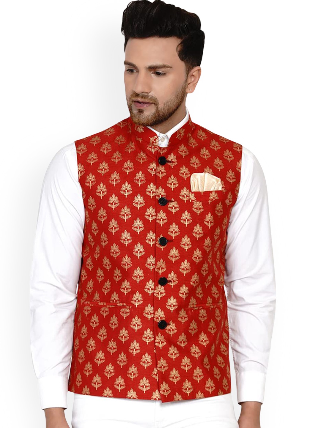 

VEERA PARIDHAAN Banarasi Printed Mandarin Collar Nehru Jacket, Red