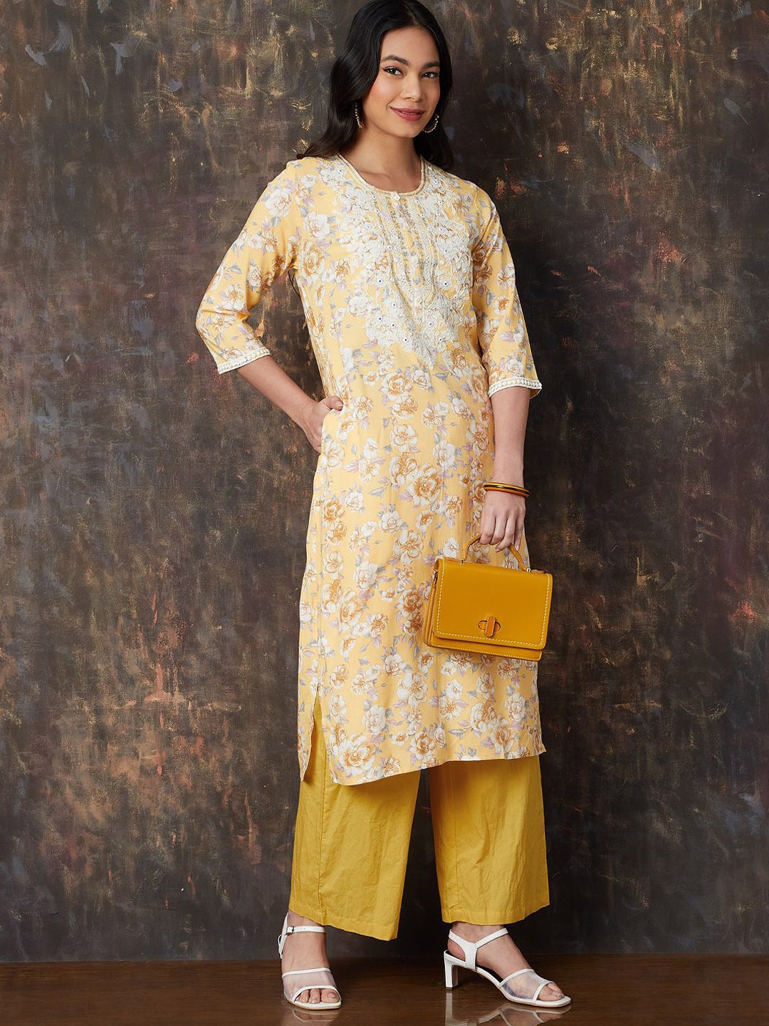 

Melange by Lifestyle Women Floral Printed Mirror Work Kurta, Mustard