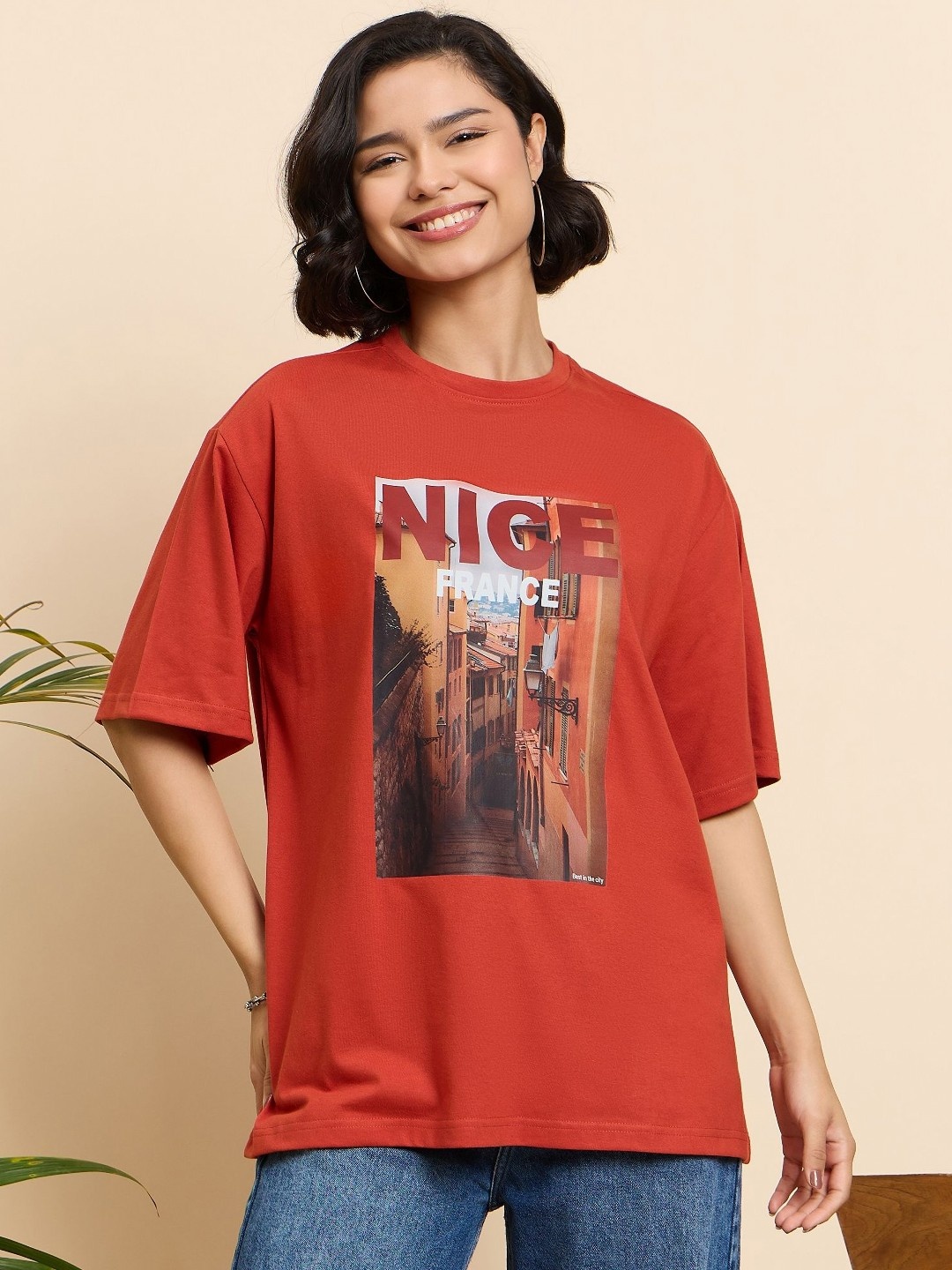 

Mast & Harbour Women Printed Drop-Shoulder Sleeves T-shirt, Rust