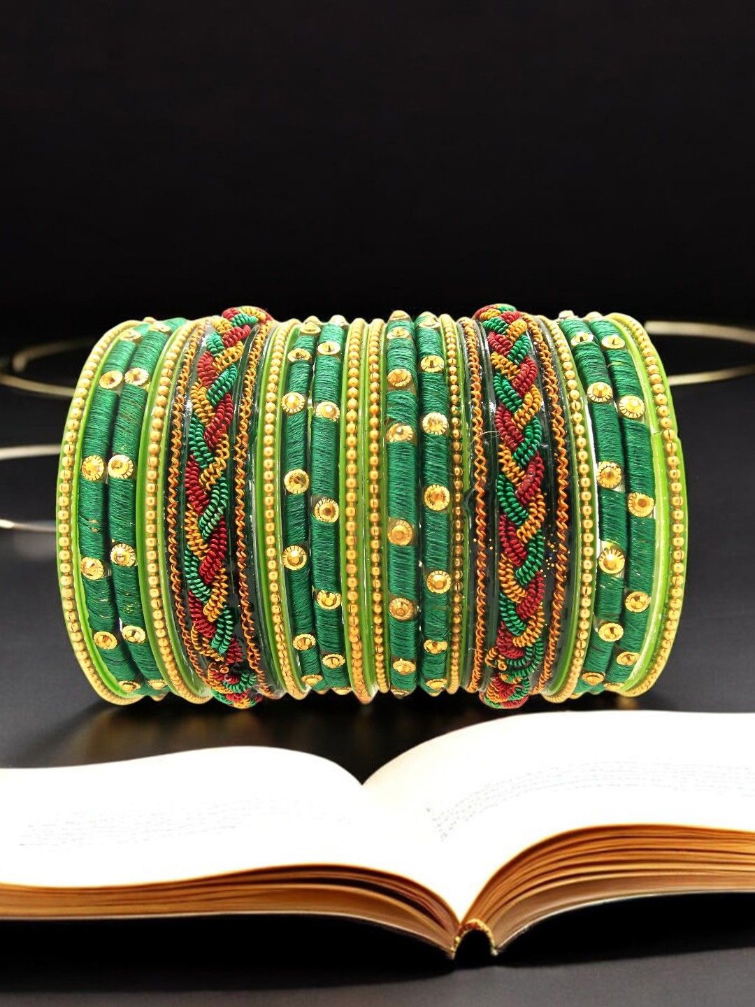 

FEMMIBELLA Set Of 18 Glass Silk Thread Stone Studded Chuda Bangles, Green